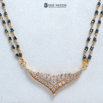 Elegant Curved CZ Mangalsutra with Black Beads
