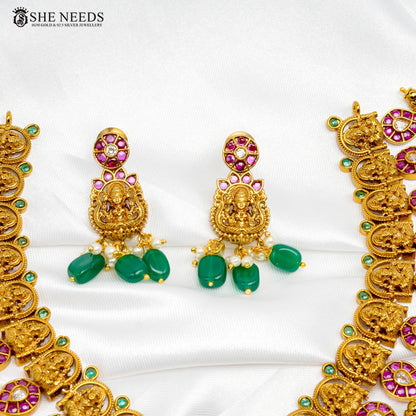 She Needs Jewellery kempu short necklace set with Lakshmi motifs and green beads