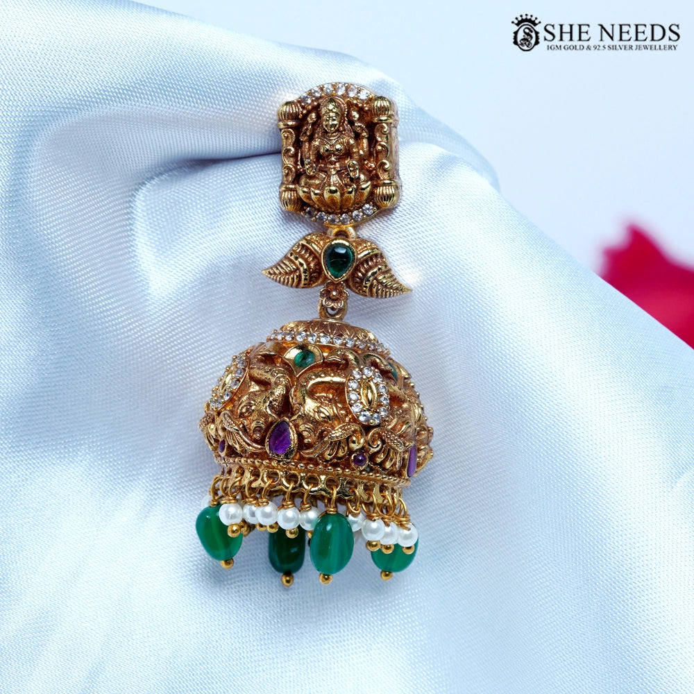 Royal nakshi temple choker set with green bead drops and matching earrings by She Needs Jewellery