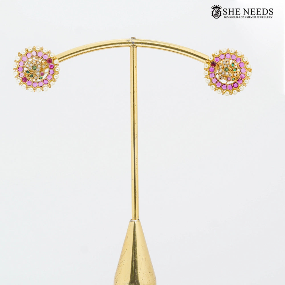 Gold finish round pearl CZ stud earrings with pink and green stones – She Needs Jewellery