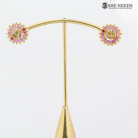 Gold finish round pearl CZ stud earrings with pink and green stones – She Needs Jewellery