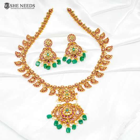She Needs Jewellery grand kempu bridal necklace set with green bead drops and temple design