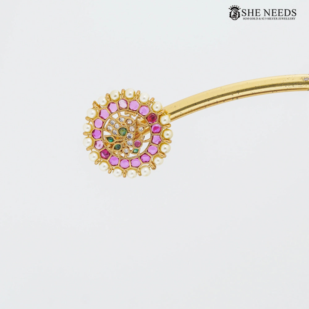 Gold finish round pearl CZ stud earrings with pink and green stones – She Needs Jewellery