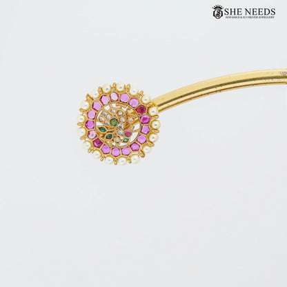 Gold finish round pearl CZ stud earrings with pink and green stones – She Needs Jewellery