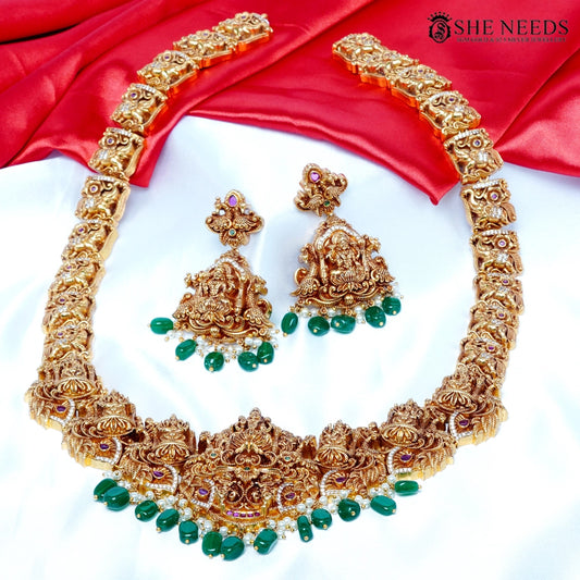 Grand Nakshi Long Necklace Set with Lakshmi Motif