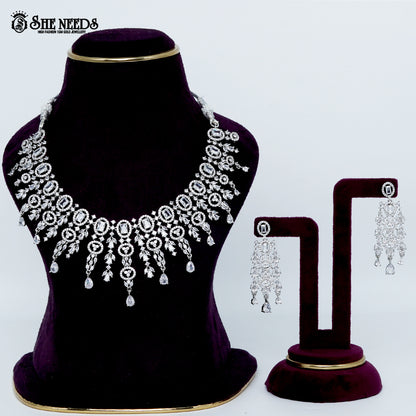 Imperial oval filigree rhodium silver statement necklace with cascading drops