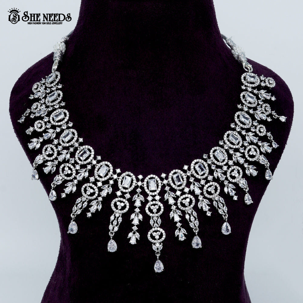 Imperial oval filigree rhodium silver statement necklace with cascading drops
