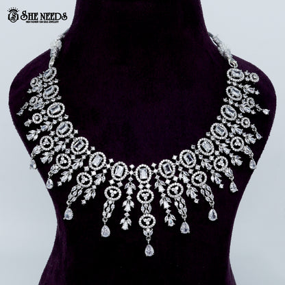 Imperial oval filigree rhodium silver statement necklace with cascading drops