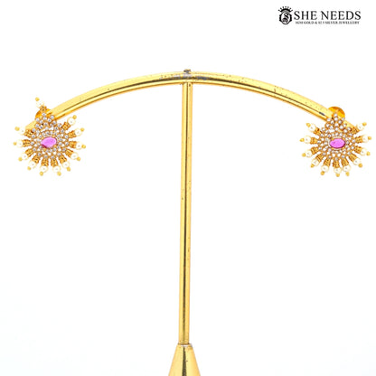 Gold finish pink CZ pearl sunburst stud earrings – She Needs Jewellery