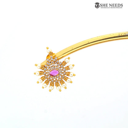 Gold finish pink CZ pearl sunburst stud earrings – She Needs Jewellery