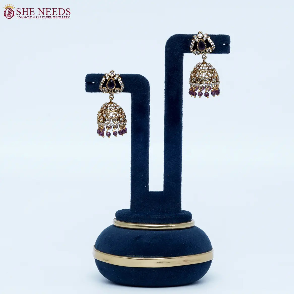 Emerald Purple crystal antique jhumka earrings by She Needs Jewellery