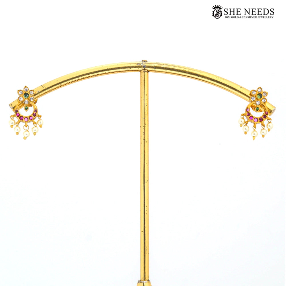 Gold finish green CZ floral pearl drop stud earrings – She Needs Jewellery