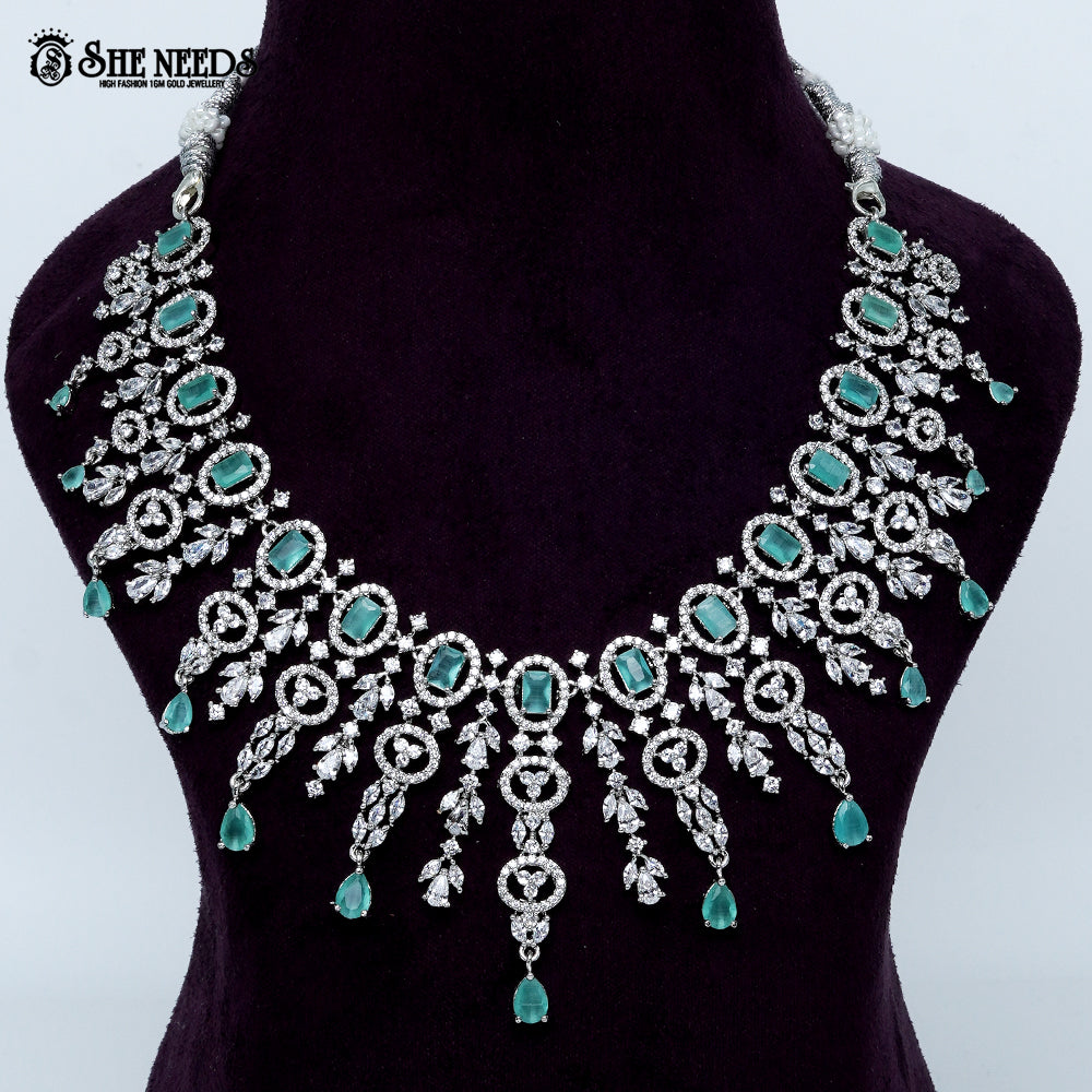 Imperial oval filigree rhodium silver statement necklace with cascading drops