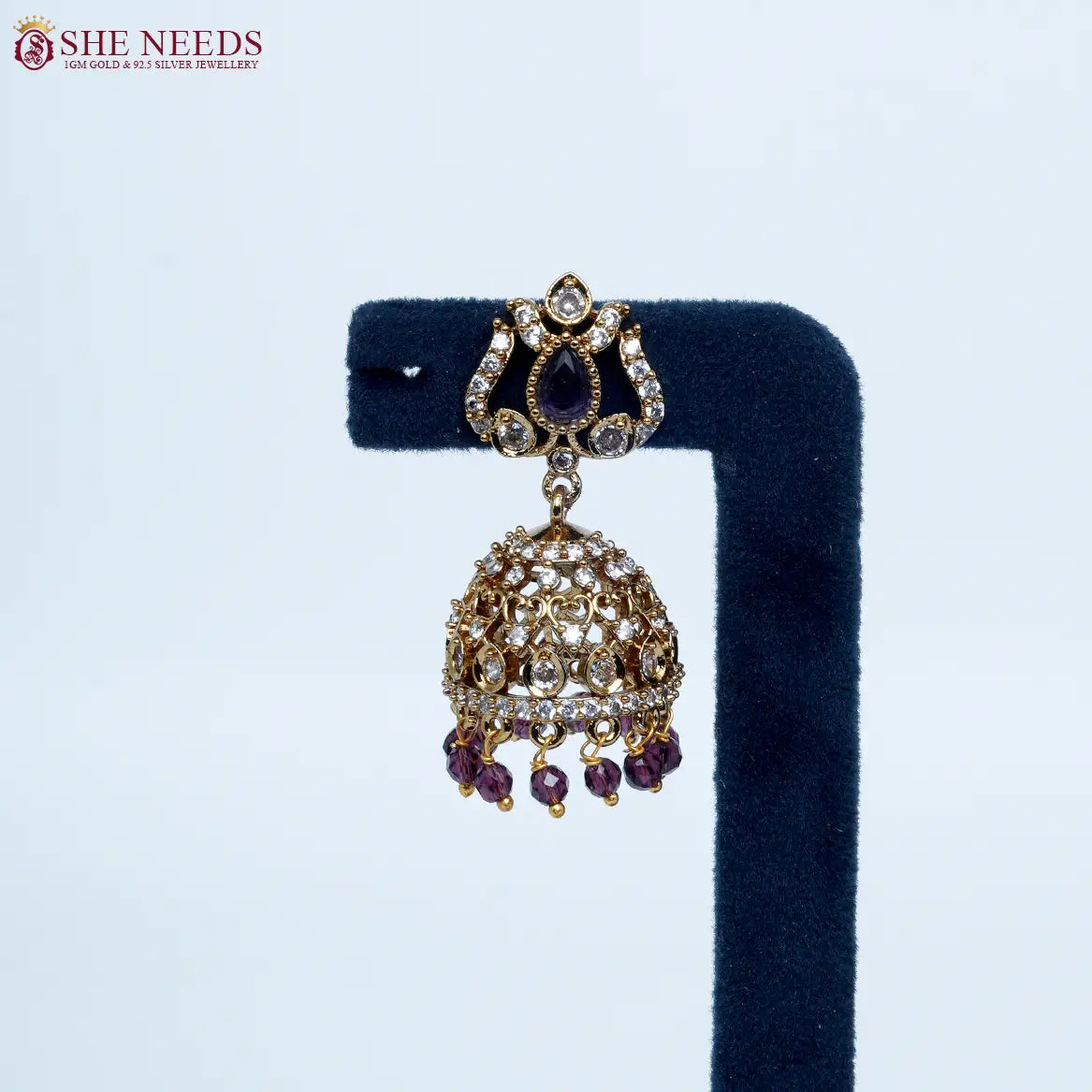 Emerald Purple crystal antique jhumka earrings by She Needs Jewellery