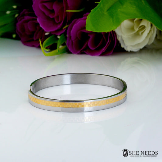 Two Tone Stainless Steel Bracelet for Men  Gold Pattern Silver Kada