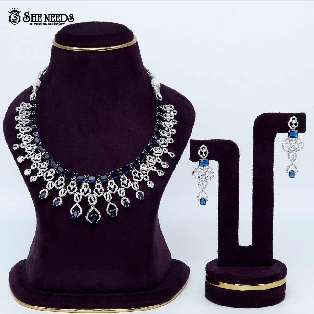 Majestic loop crest rhodium silver statement necklace with cascading drop design