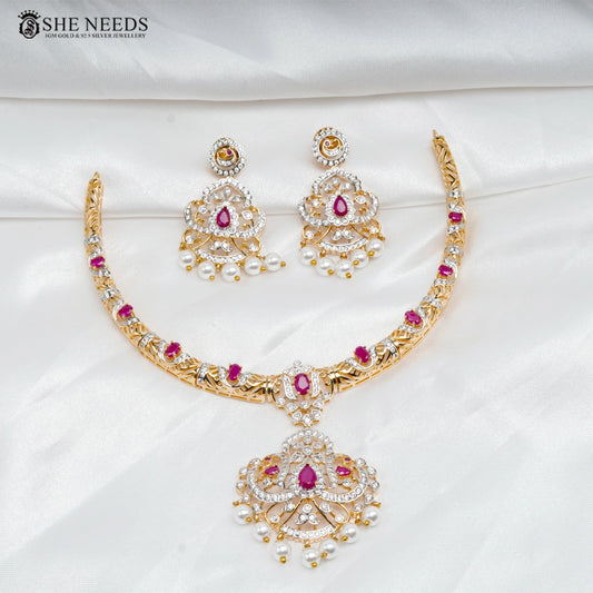 Ruby Stone Diamond Style Necklace Set