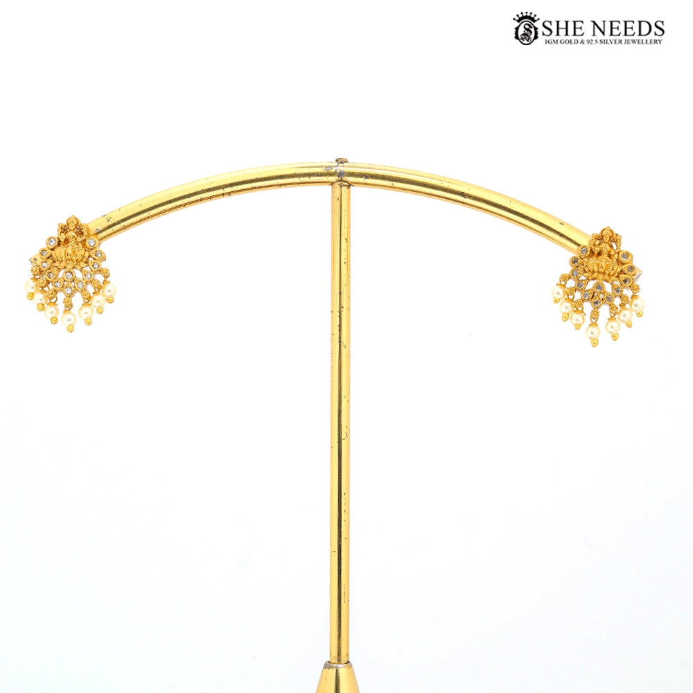 Gold Finish Temple Design Pearl Drop Stud Earrings