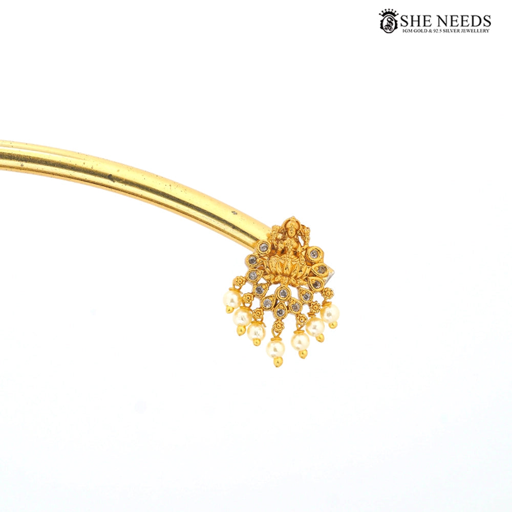 Gold Finish Temple Design Pearl Drop Stud Earrings