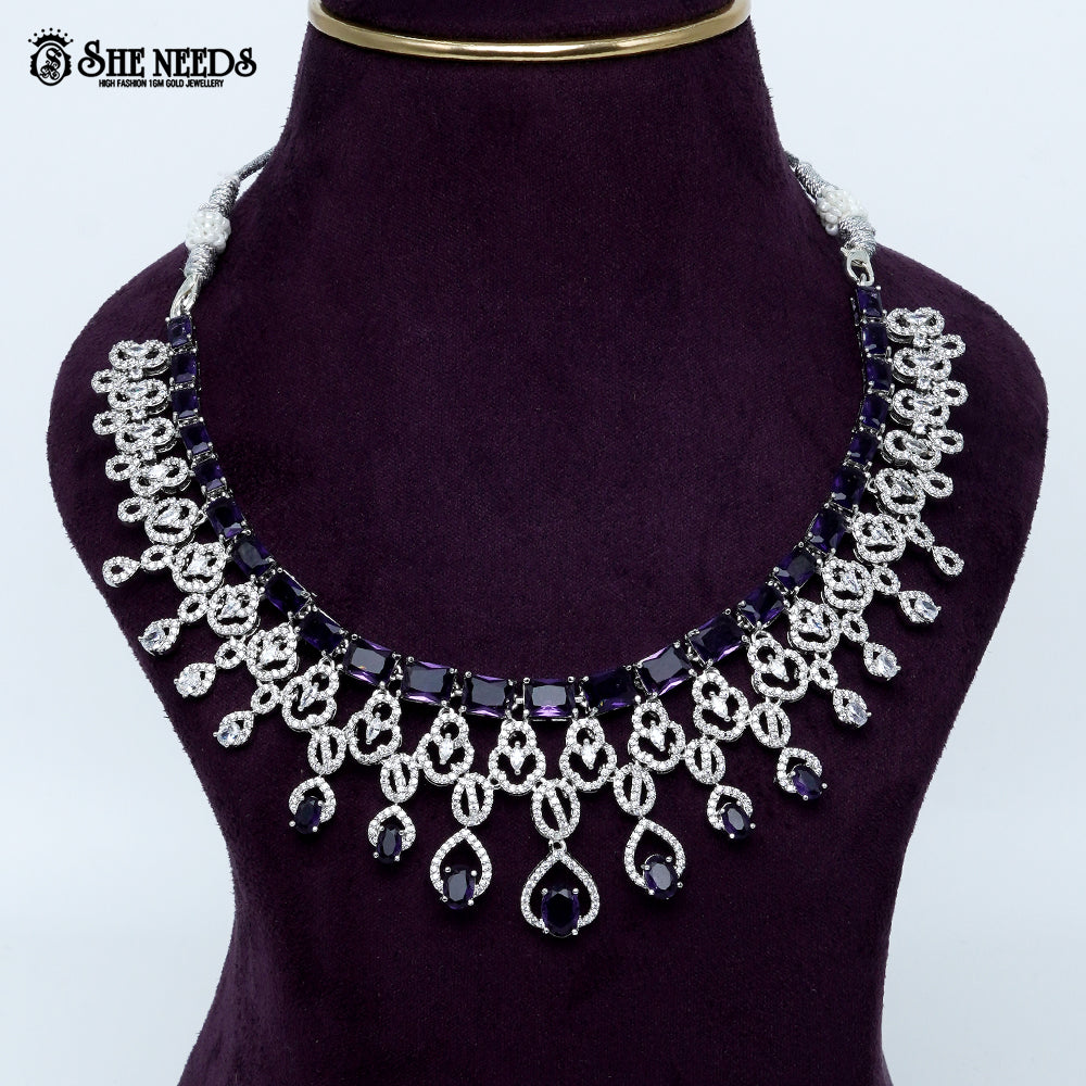 Majestic loop crest rhodium silver statement necklace with cascading drop design
