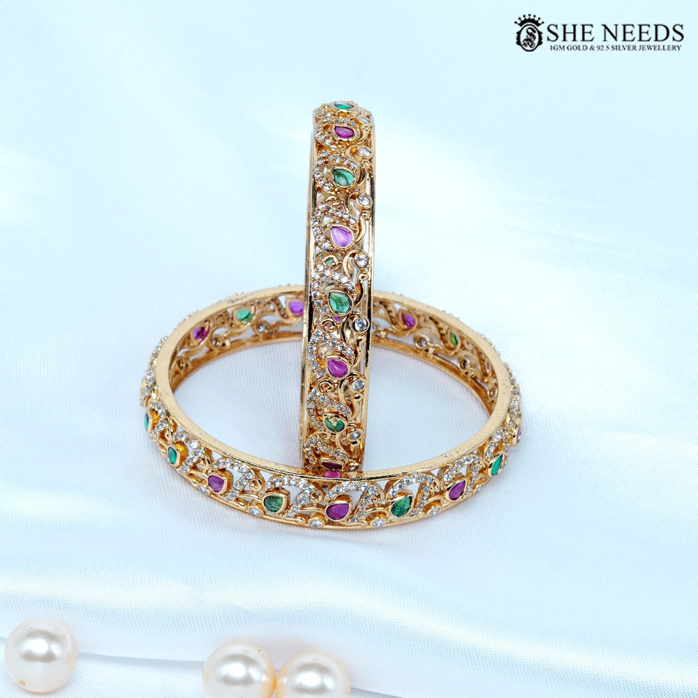 CZ multi color stone bangles green pink with gold finish by She Needs Jewellery