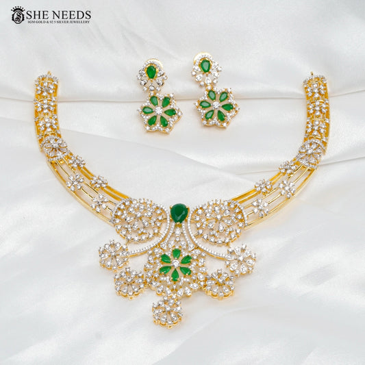 Floral CZ Diamond Necklace Set with Green Stone Highlights