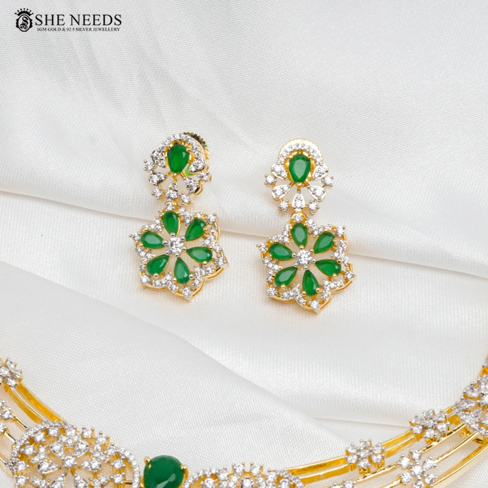 Floral CZ Diamond Necklace Set with Green Stone Highlights