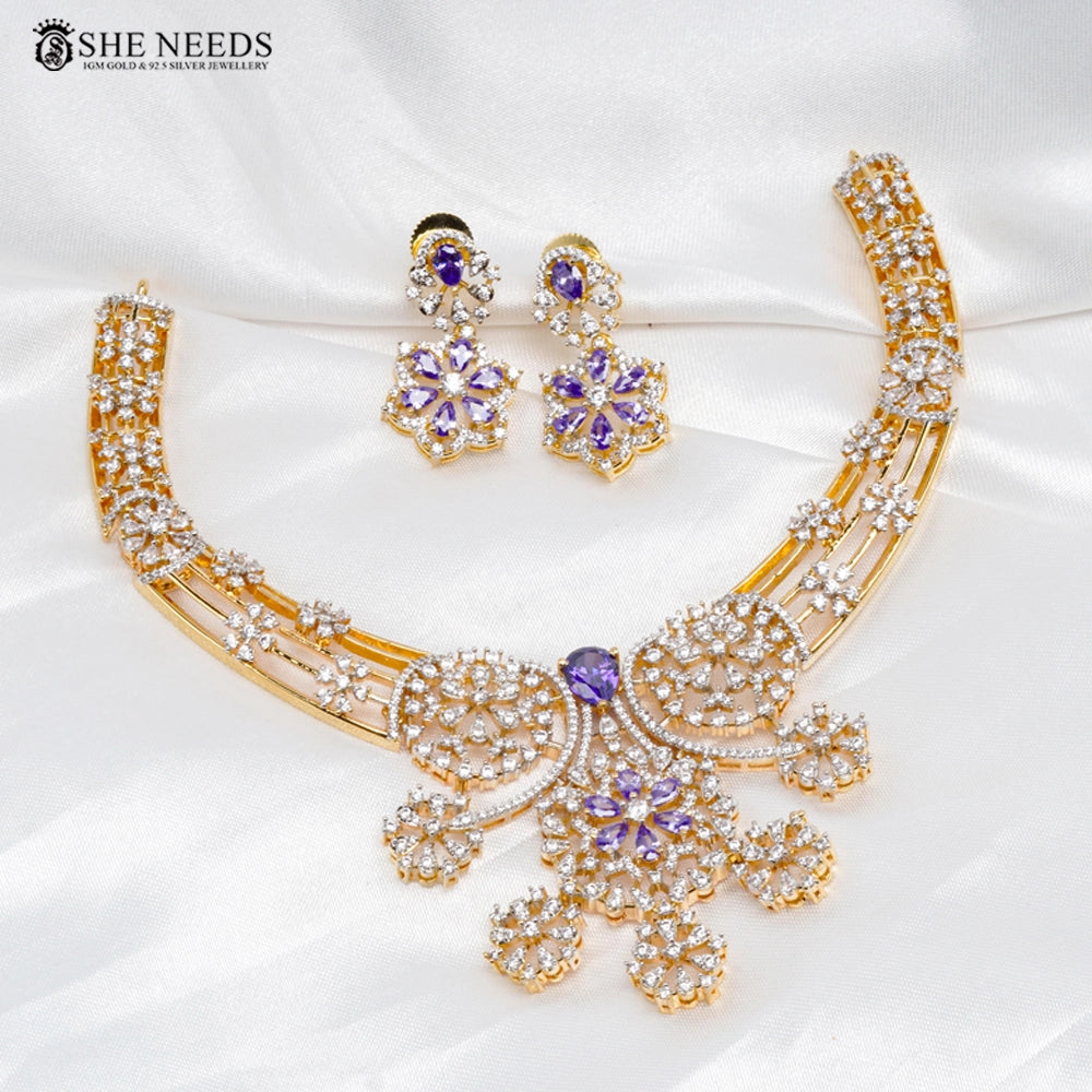 Floral CZ Diamond Necklace Set with Green Stone Highlights
