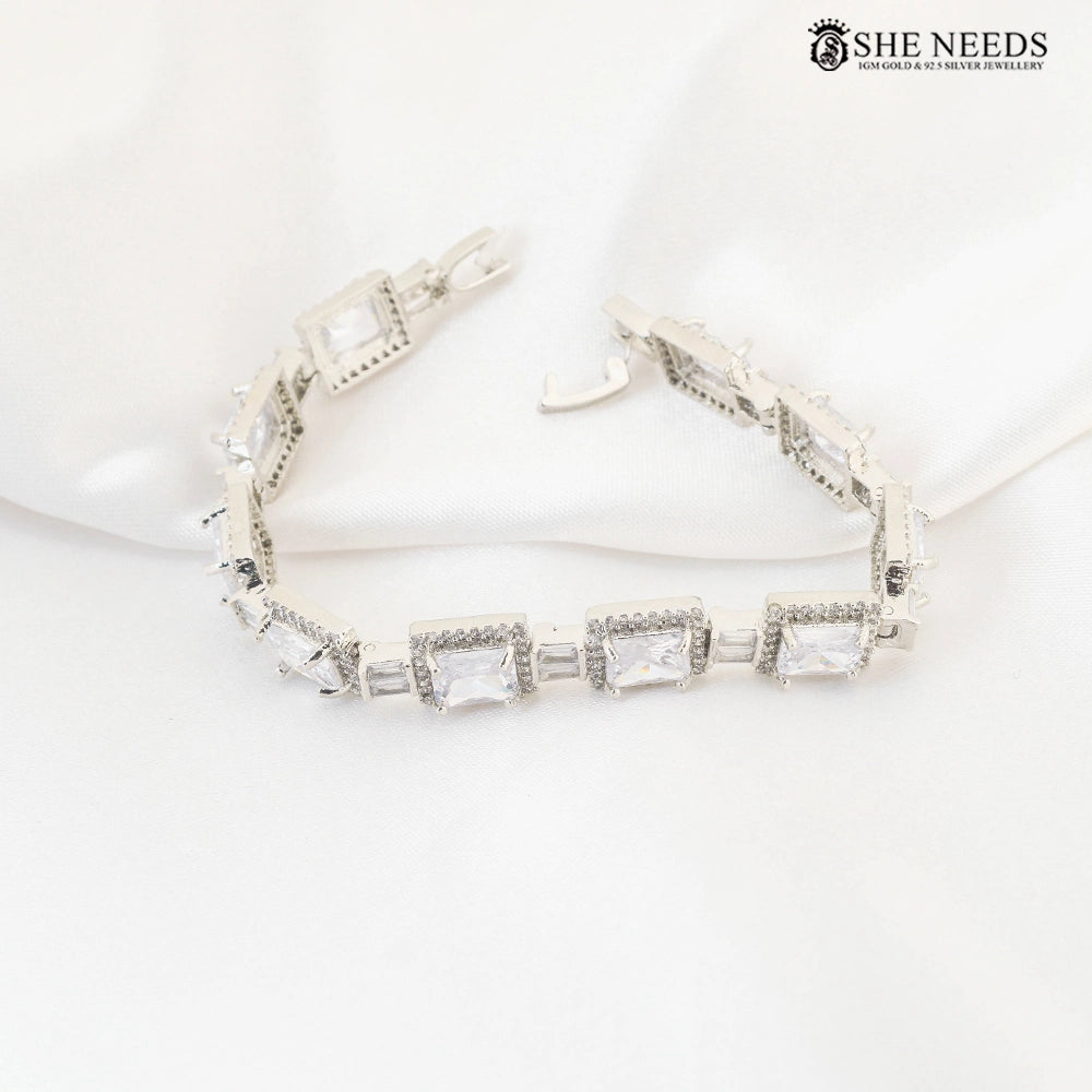 Silver Finish Rectangular CZ Stone Bracelet
