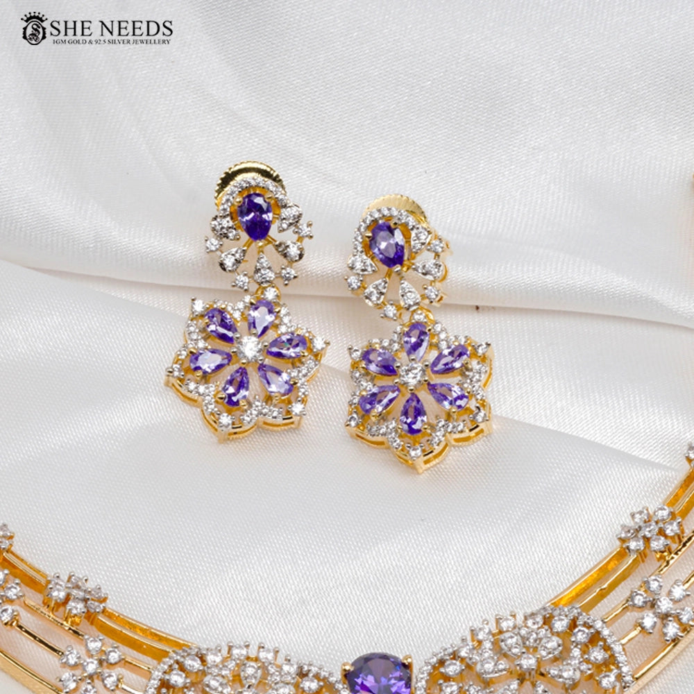 Floral CZ Diamond Necklace Set with Green Stone Highlights