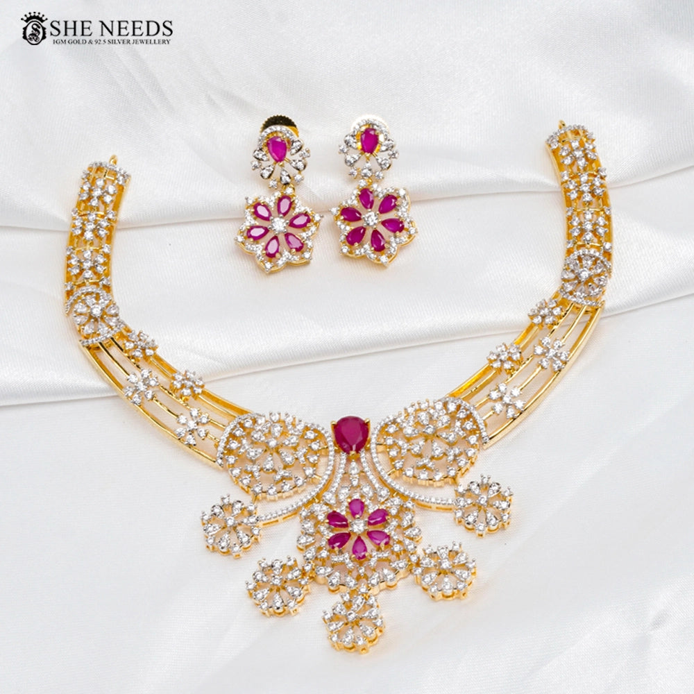Floral CZ Diamond Necklace Set with Green Stone Highlights