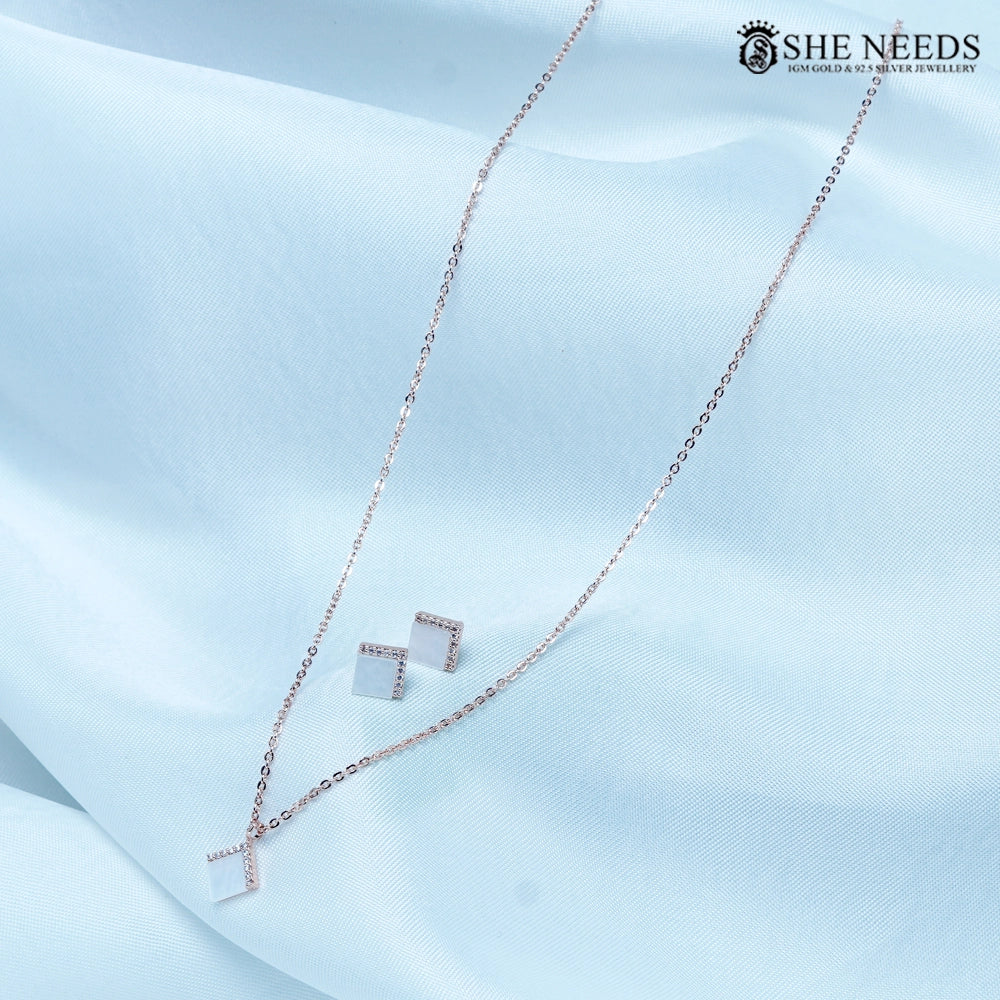 Square CZ frame rose gold pendant chain for women