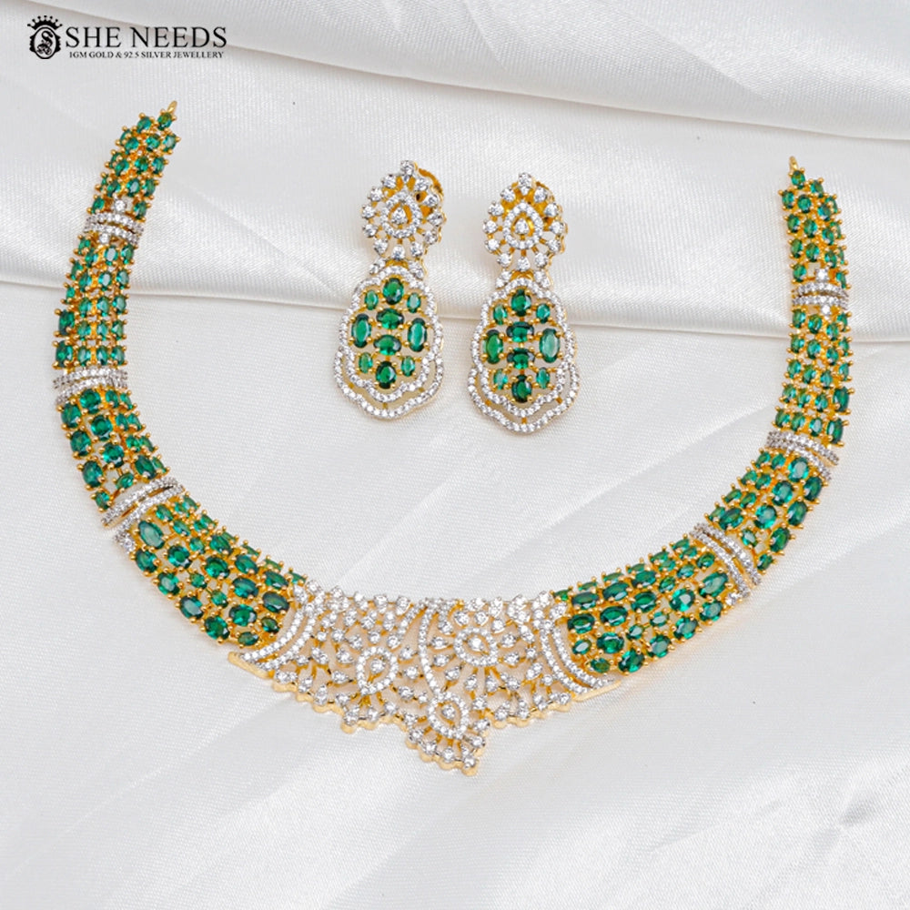 Elegant Emerald Green CZ Diamond Necklace Set with Matching Earrings