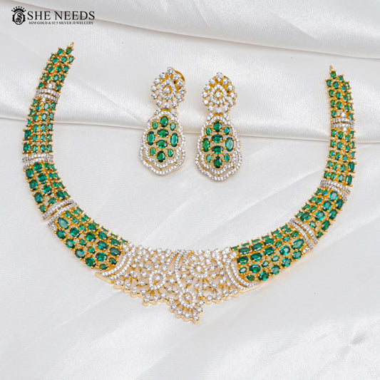 Emerald green CZ diamond necklace set with matching earrings by She Needs Jewellery