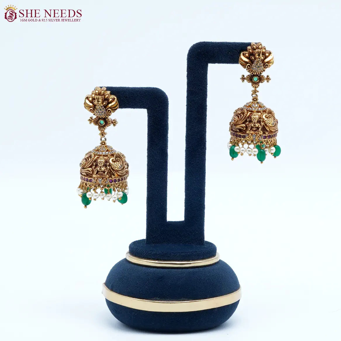 Lakshmi pearl temple jhumka earrings with green beads by She Needs Jewellery