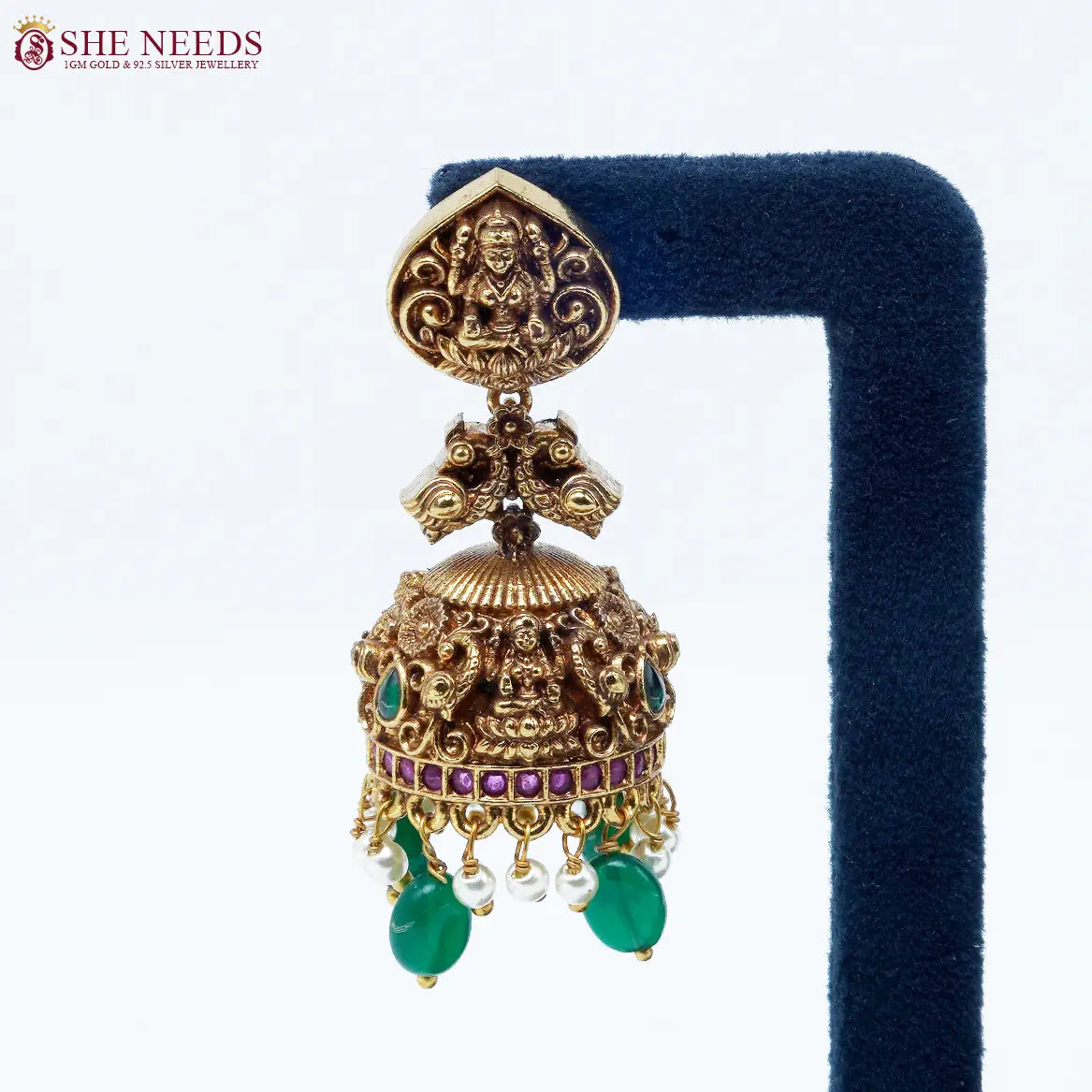 Antique Lakshmi Temple Jhumka Earrings with Green Drops