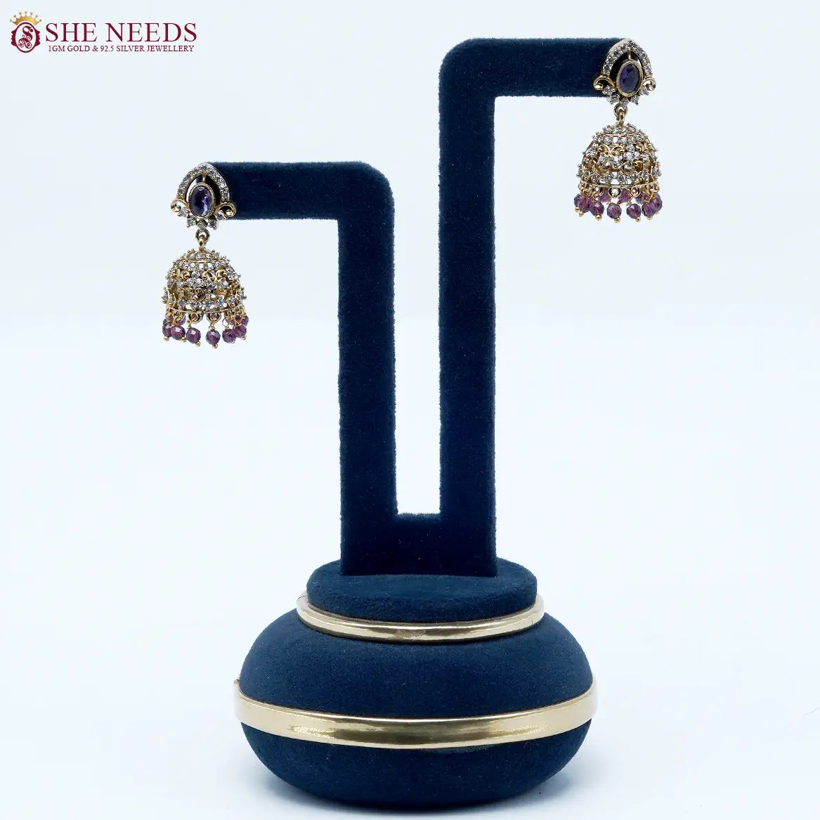 Royal purple stone antique jhumka earrings with crystal and bead drops by She Needs Jewellery