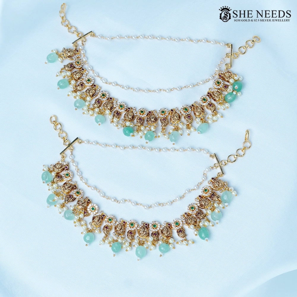 Mint pearl Victorian champasavaralu earrings with green stones and pearl bead hangings