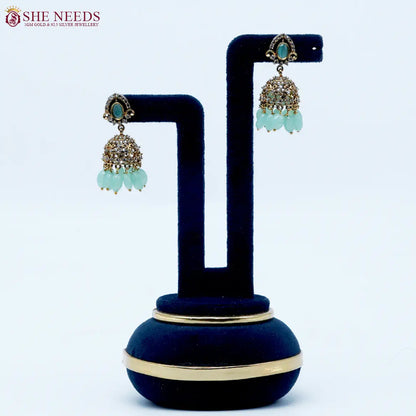 Royal Light Green  stone antique jhumka earrings with crystal and bead drops by She Needs Jewellery