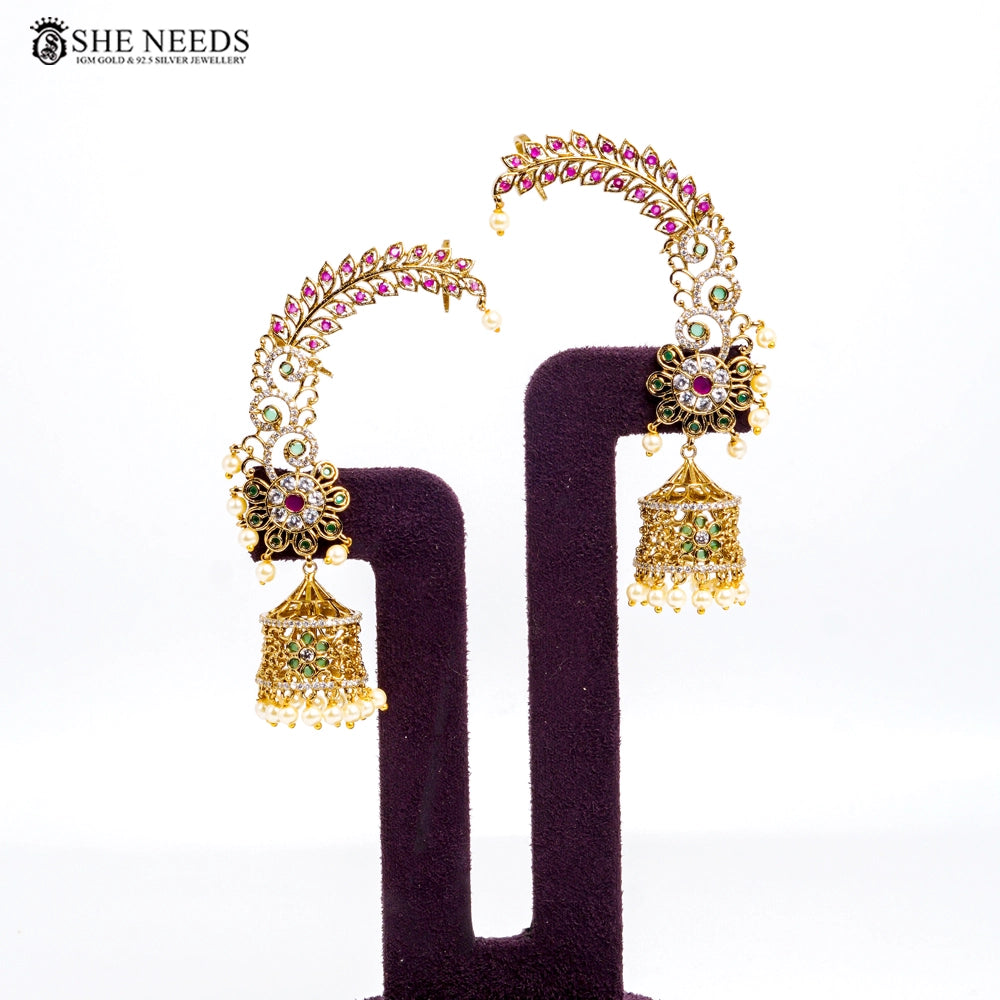 Traditional Leaf Design Gold Jhumkas with CZ Stones & Pearl Drops