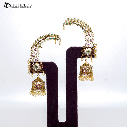 Leaf design gold jhumka earrings with CZ stones and pearl drops by She Needs Jewellery