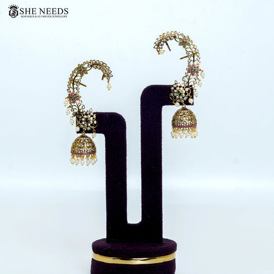 Floral peacock design gold jhumka earrings with CZ stones and pearl drops by She Needs Jewellery