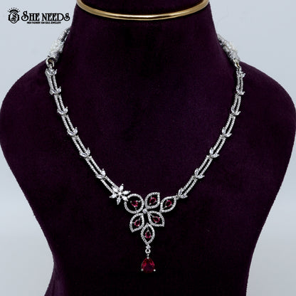 Graceful petal drop rhodium silver necklace with elegant floral pendant design