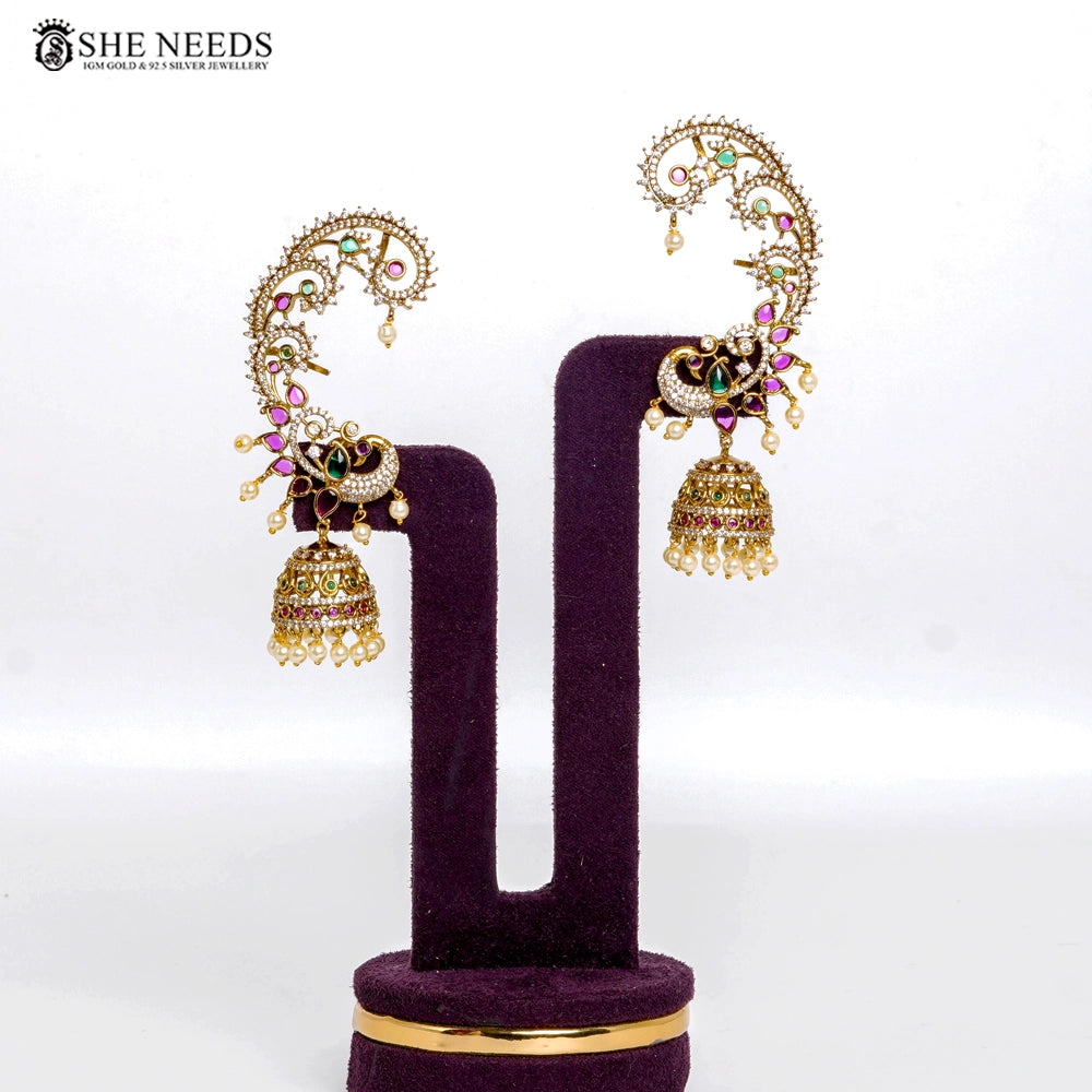 Royal Peacock Gold Jhumkas with Multicolor Stones & Pearl Drops