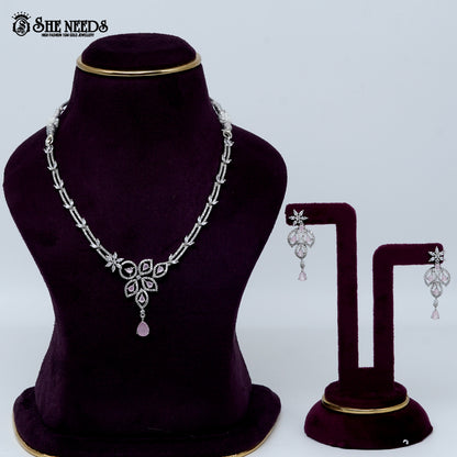 Graceful petal drop rhodium silver necklace with elegant floral pendant design