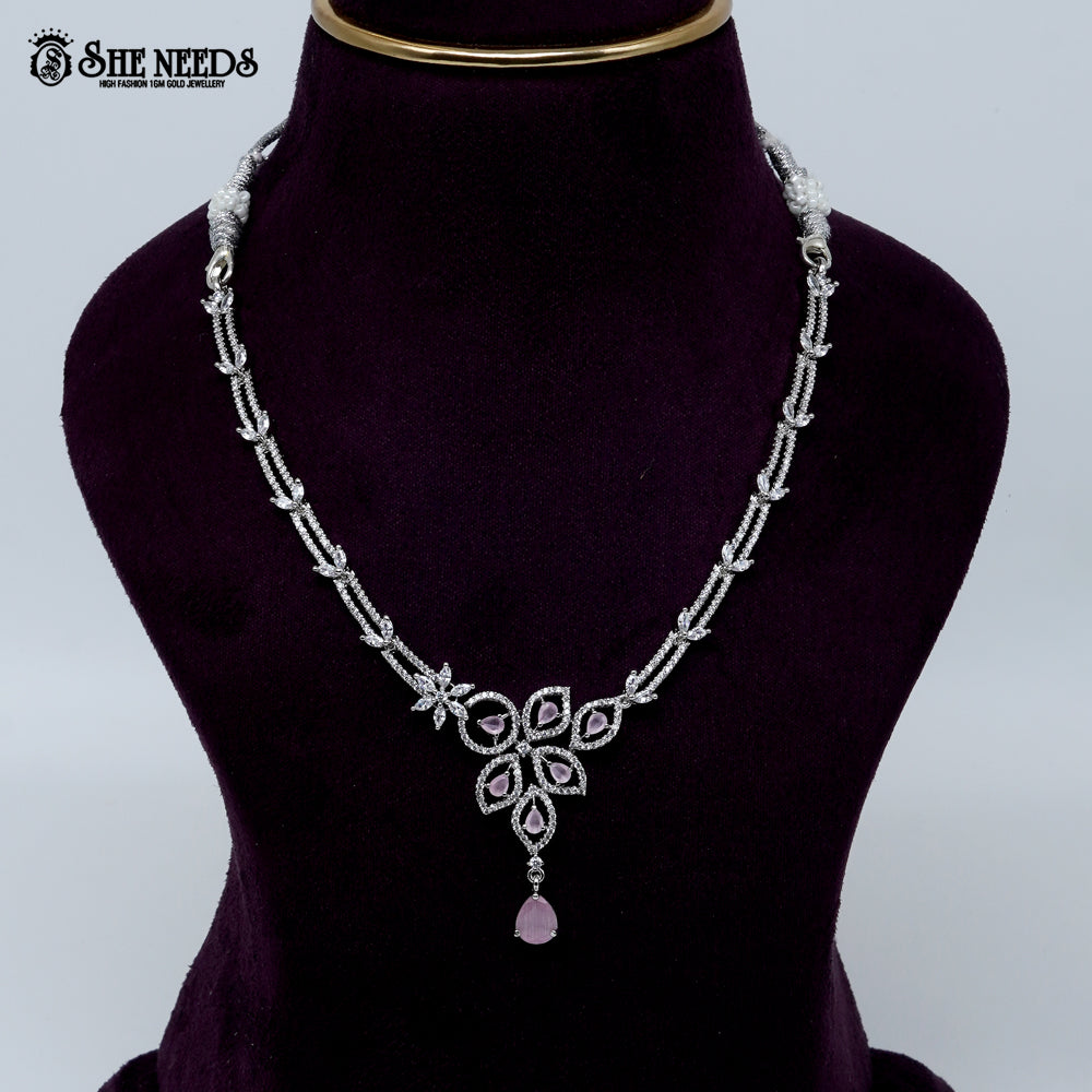 Graceful petal drop rhodium silver necklace with elegant floral pendant design