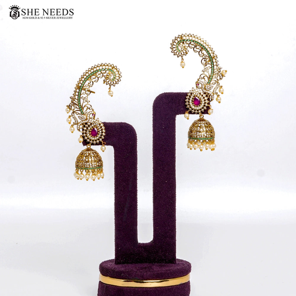 Elegant Peacock Style Gold Jhumkas with Ruby Stone & Pearl Drops