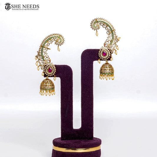 Peacock design gold jhumka earrings with ruby stone and pearl drops by She Needs Jewellery