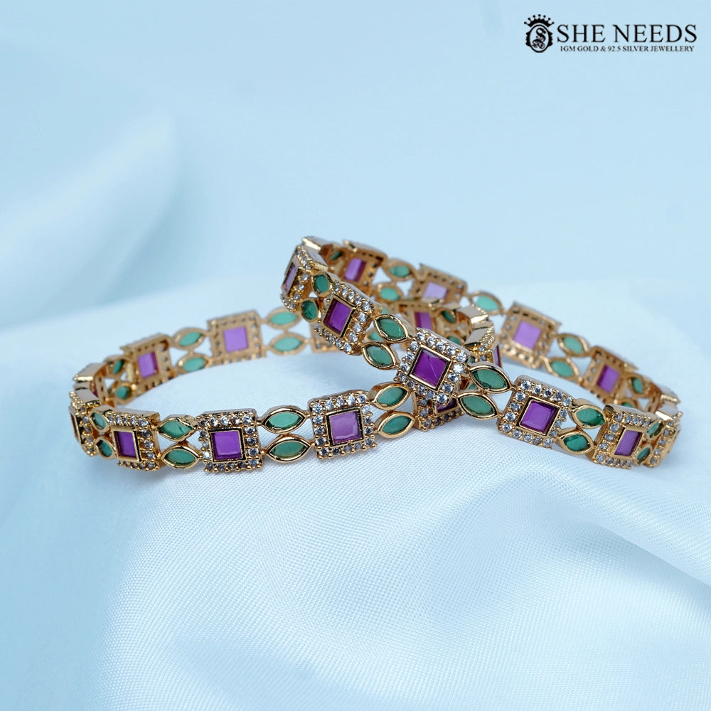 Gold finish emerald petal and violet square stone CZ bangles set