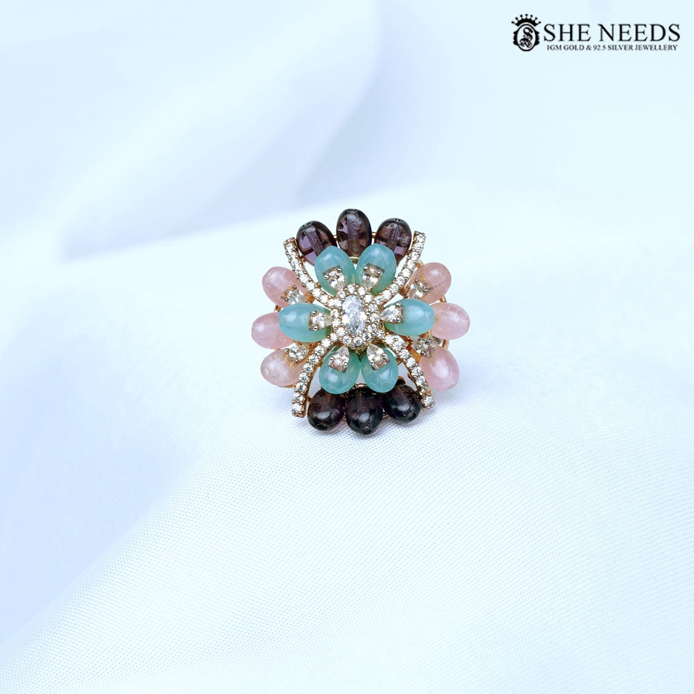 Pastel Bloom CZ Floral Statement Finger Ring